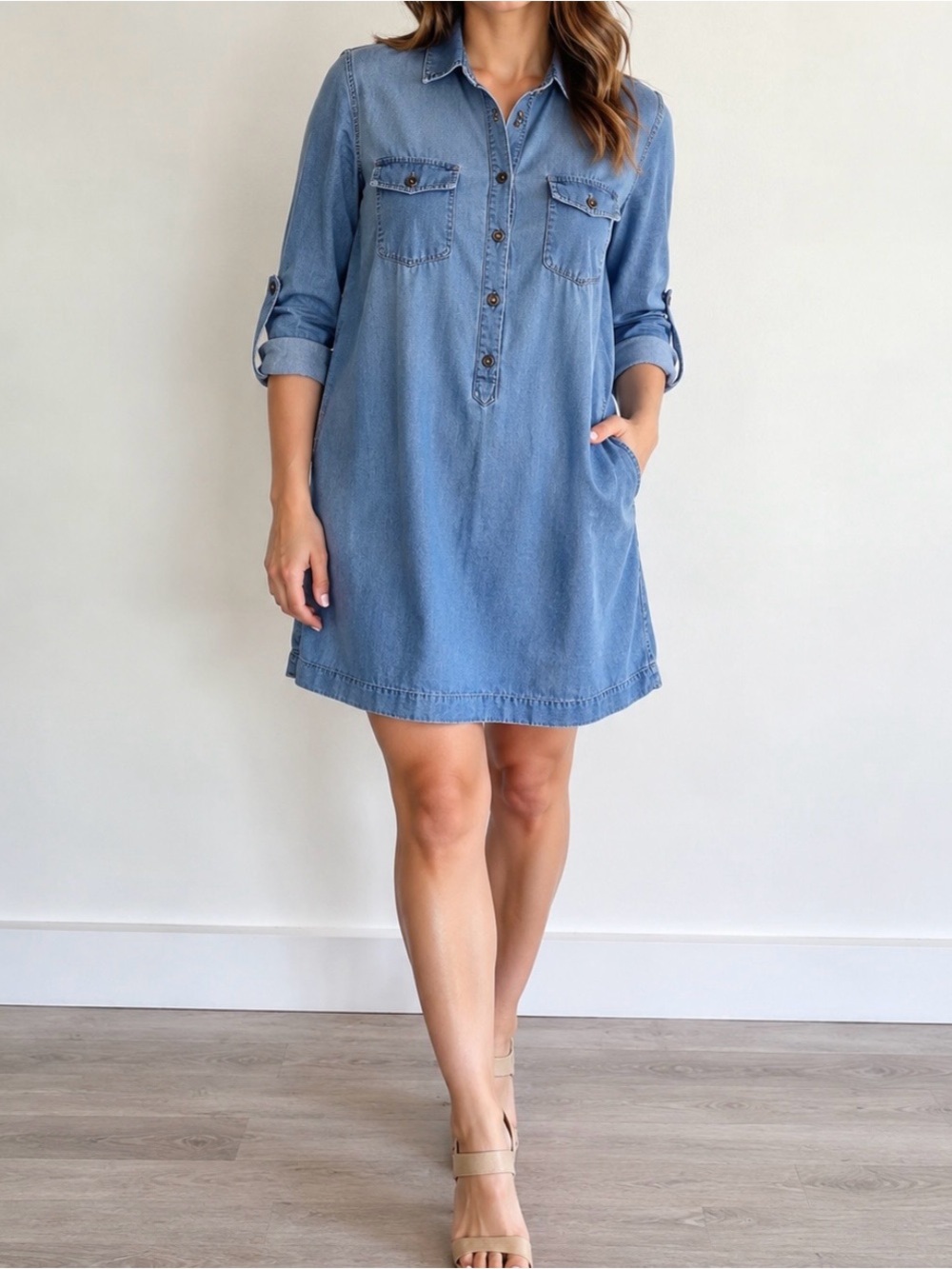 J.Crew Chambray Shirt Dress Tunic Blue 100% Cotton Roll Tab Sleeve Size S